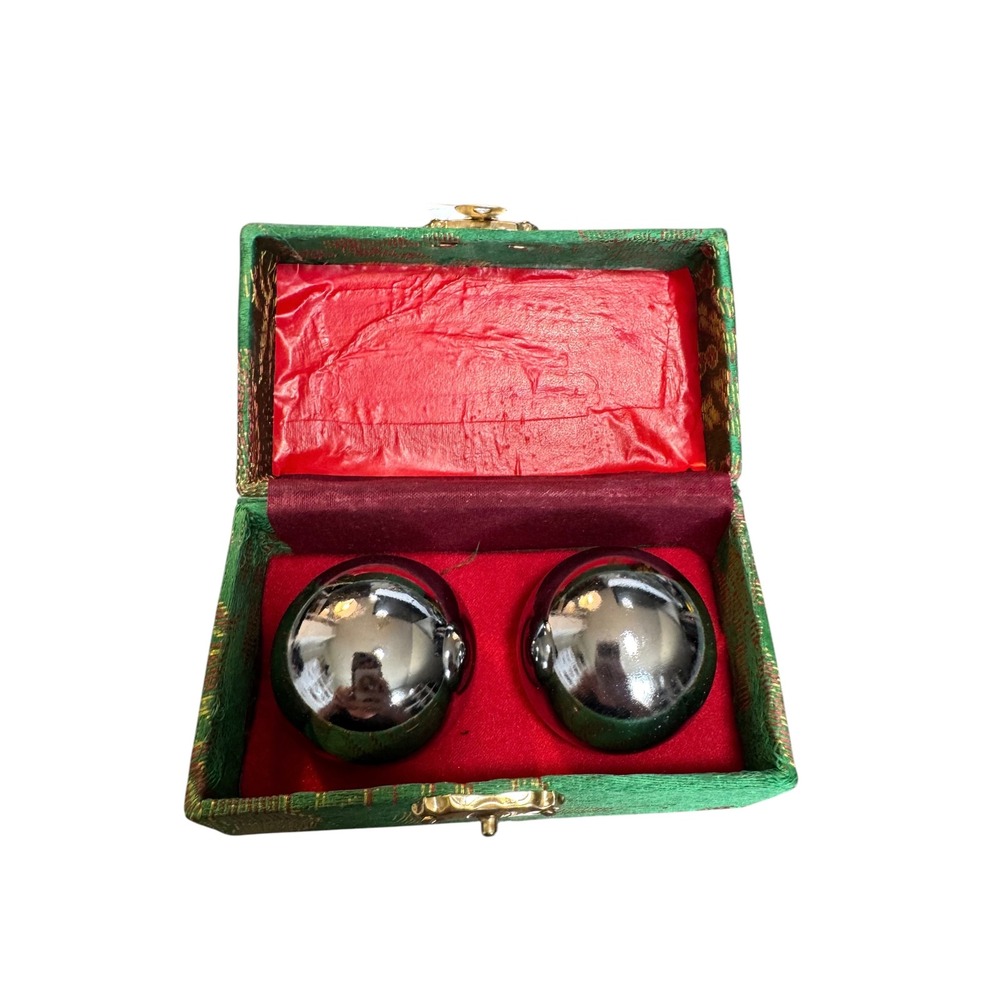 Vintage Chinese Baoding Health Balls Chrome Meditation Chime Set with Green Box